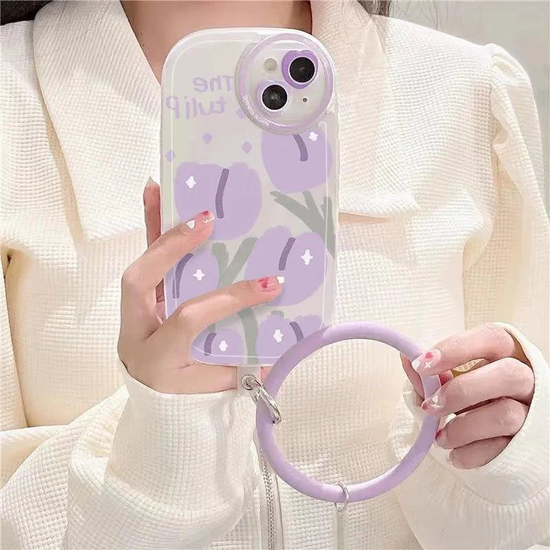 Purple tulip transparent phone case for iPhone with matching bracelet accessory