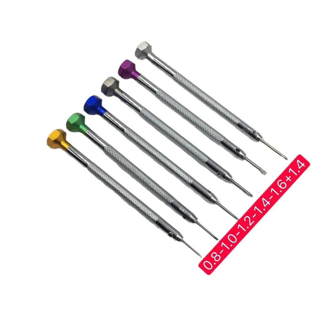 Six colour-coded aluminium handle watch repair screwdrivers with oxidation-treated steel tips.