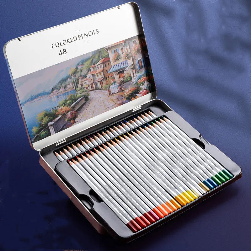 Water-soluble colour pencil drawing set in tin box with 72 colours for wet and dry use
