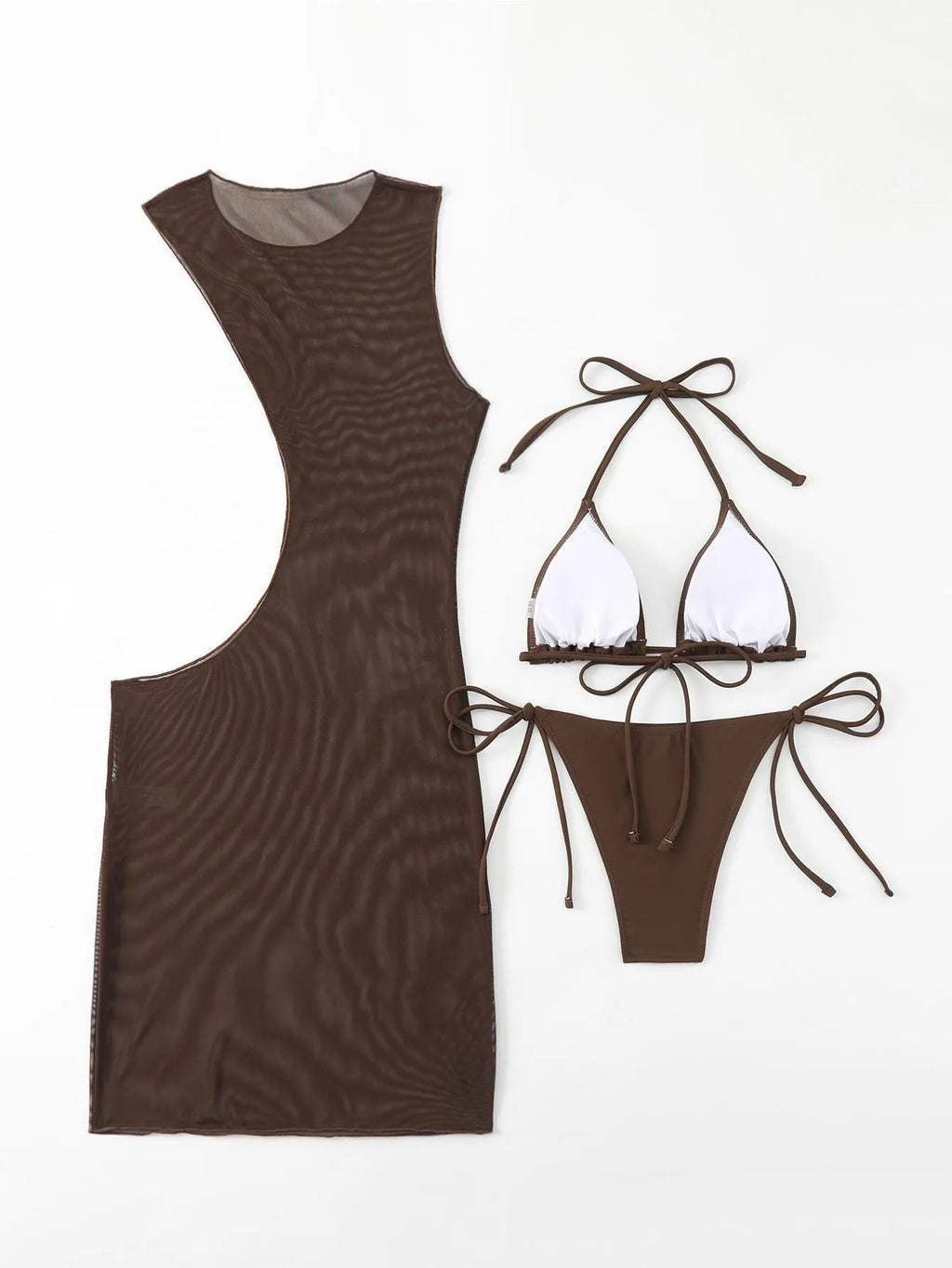 Brown women's three-piece swimsuit set comprising a bra, shorts, and blouse on a plain background.