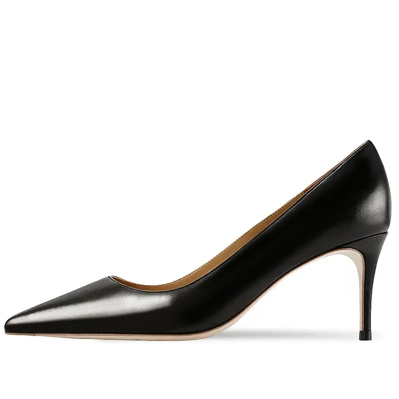 Women's black pointed-toe heeled pump with a soft sole and patent leather upper.