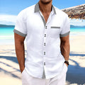 Slim fit striped casual shirt in pure cotton with double button short sleeves