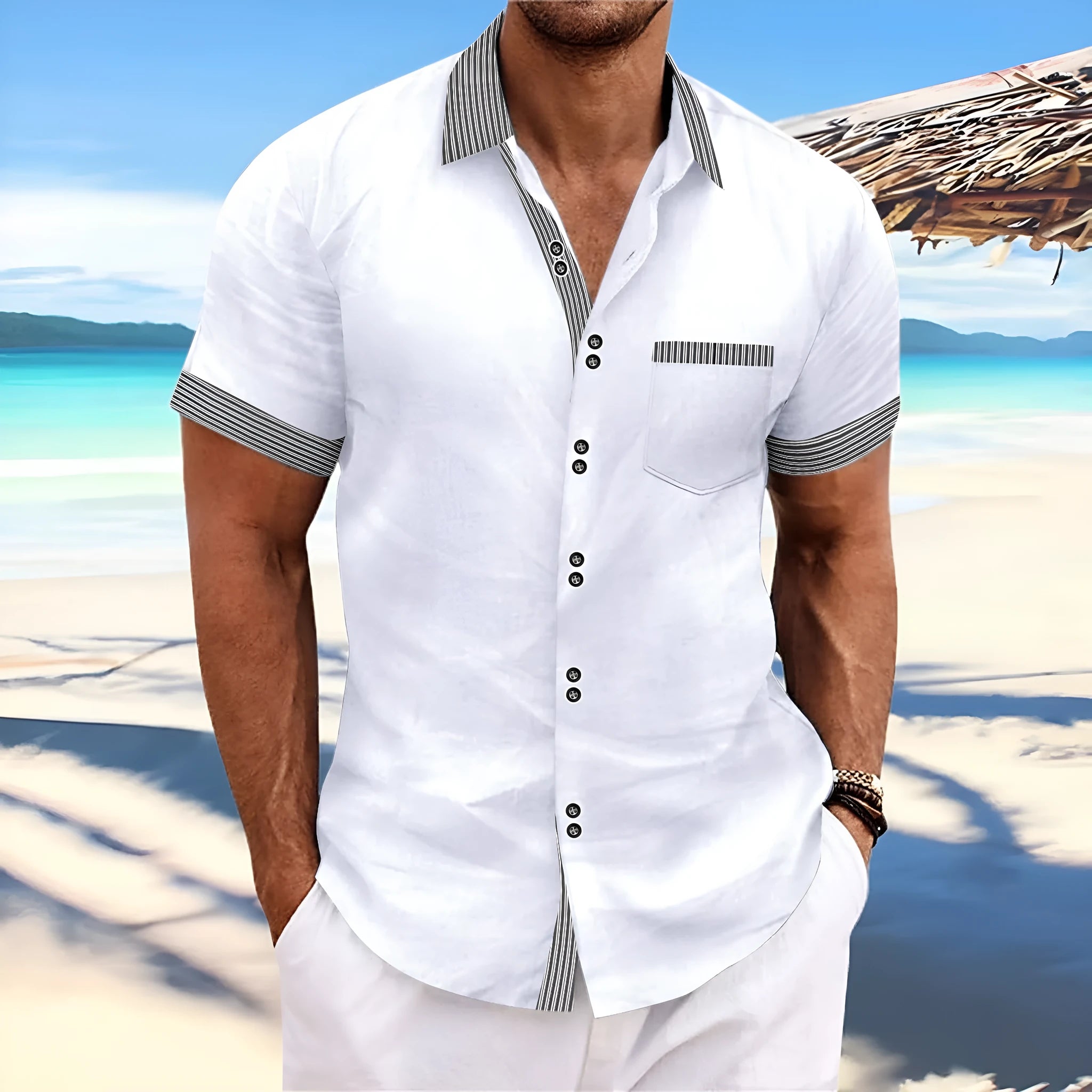 Slim fit striped casual shirt in pure cotton with double button short sleeves