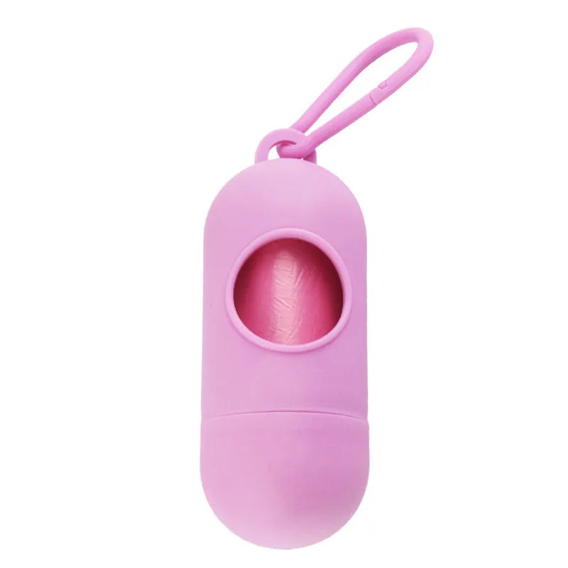 Compact dog poop bag holder with side hook and Velcro base, shown in assorted colours
