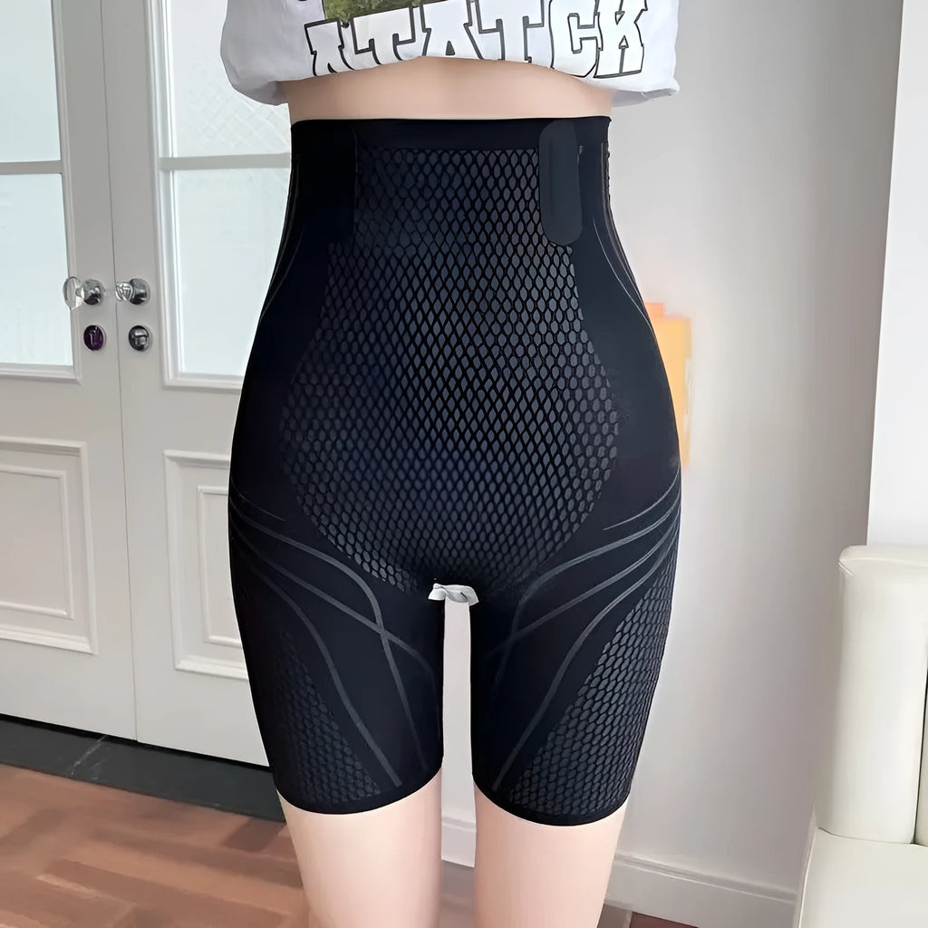 Women's liquid seamless high waisted nylon tight pants in black, with hip lifting and belly control function