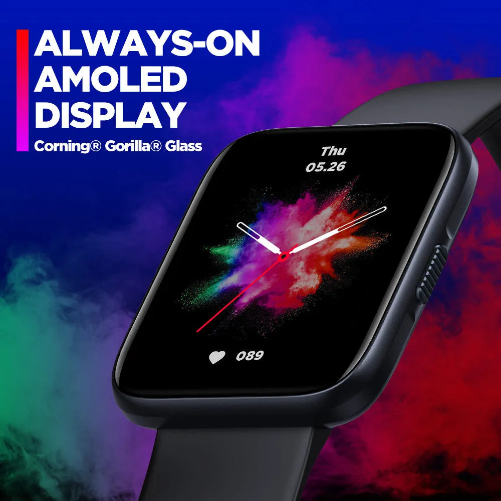 Black GPS sports smart watch with 1.78 inch display and rubber strap showing health metrics interface
