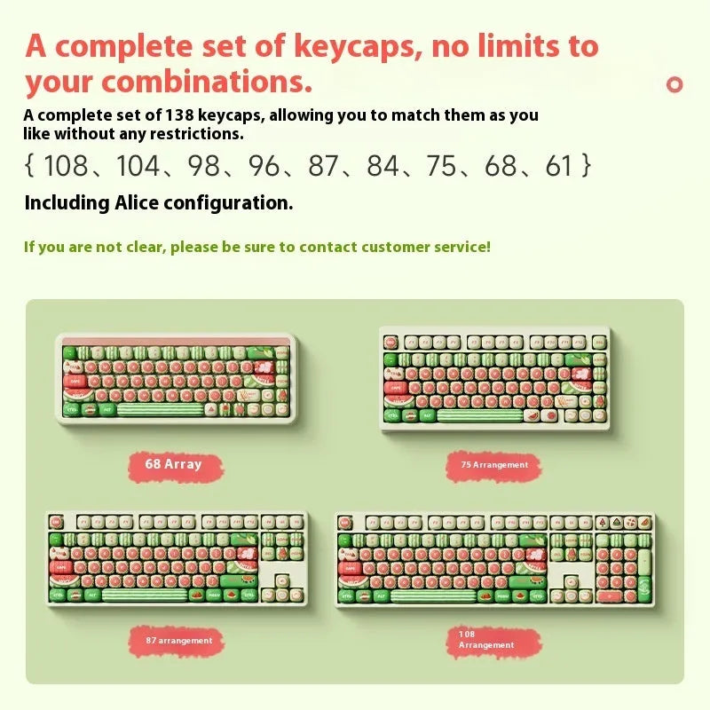 Set of 138 PBT mechanical keyboard key caps with watermelon theme design and mushroom MOG height profile