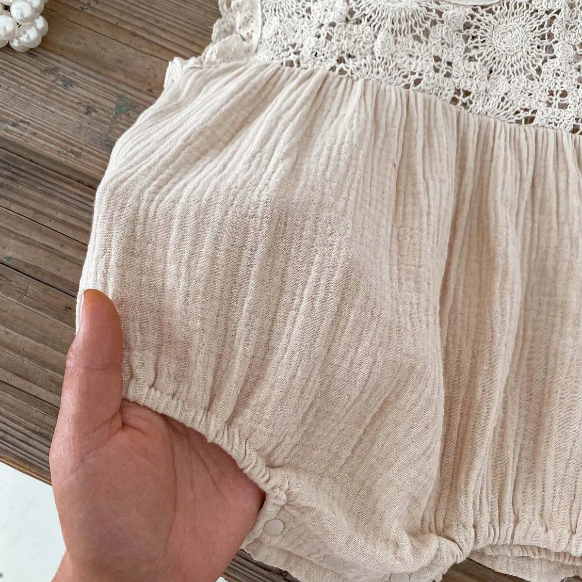 Baby girl cotton waffle lace romper in white with pullover style, suitable for 66-130cm height