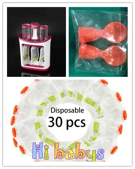 Baby food maker squeeze station pressing homemade fruit puree into 4oz pouch on countertop
