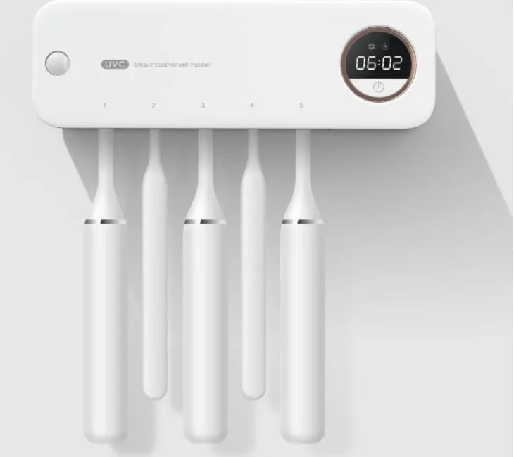 UV toothbrush holder steriliser with LED display attached to wall, showing countdown, black colour