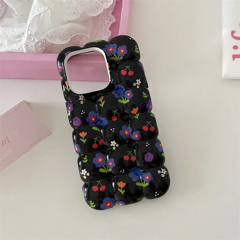 Retro cherry floral plaid TPU phone case for iPhone on black background