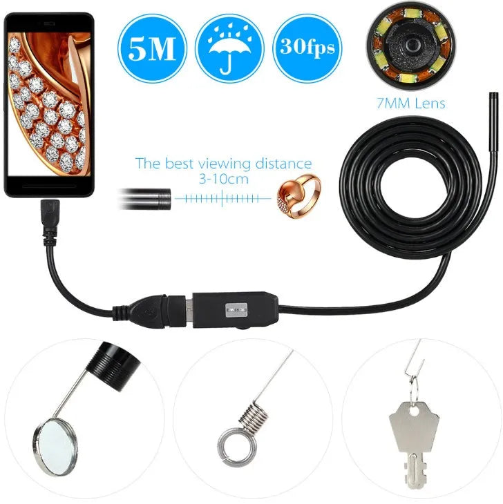 OWSOO USB endoscope camera with 5m cable, 6 LEDs, and hook/magnet attachments for phone and computer inspection.