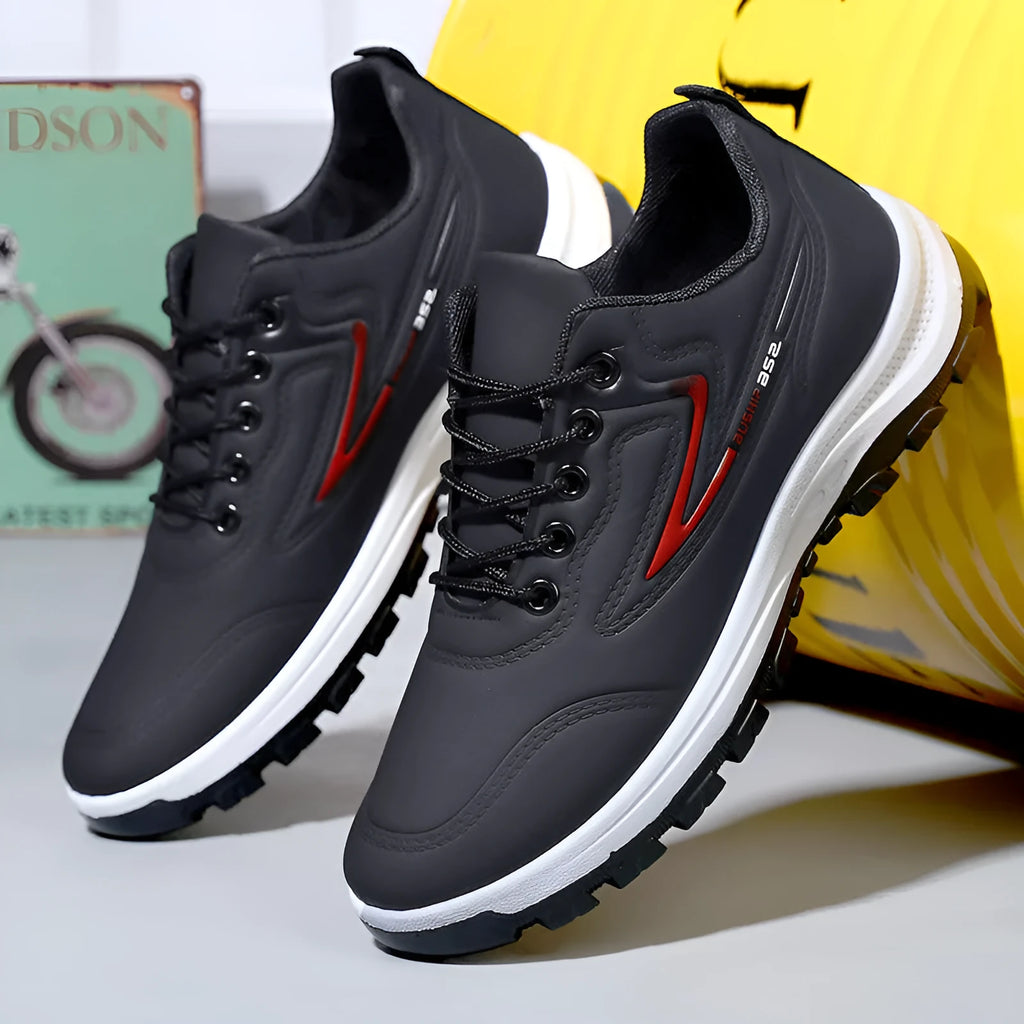 Waterproof leisure sports shoes with artificial PU upper and soft sole in black and grey colour