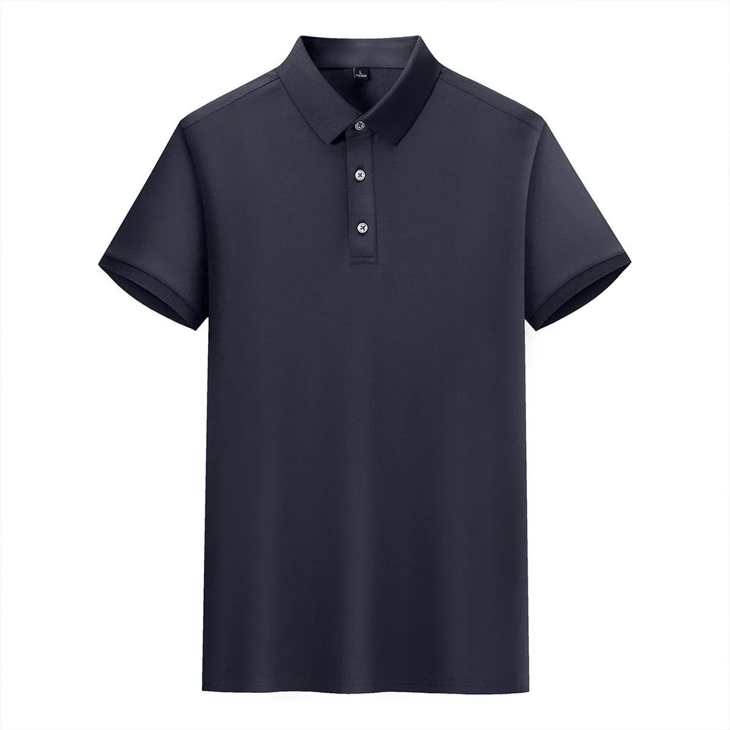Short-sleeved lapel collar t-shirt in mulberry silk cotton blend on a hanger, showing mosaic detail.