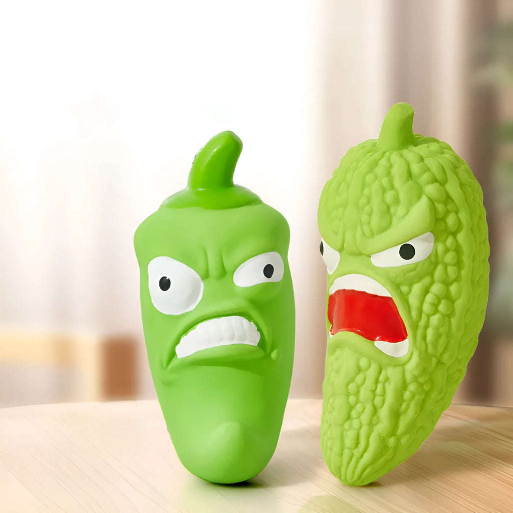 Bitter melon and chili shaped dog toys with textured surfaces for teeth cleaning and built-in sound function