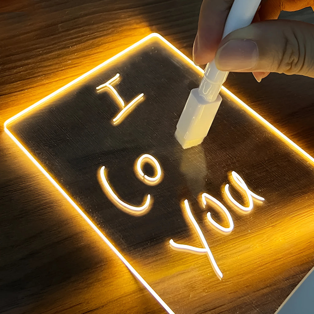 USB message board lamp with LED night light showing transparent acrylic surface with handwritten note