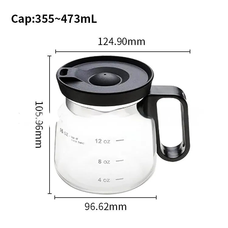 Transparent borosilicate glass coffee maker with silicone cover showing 355 to 473ml capacity