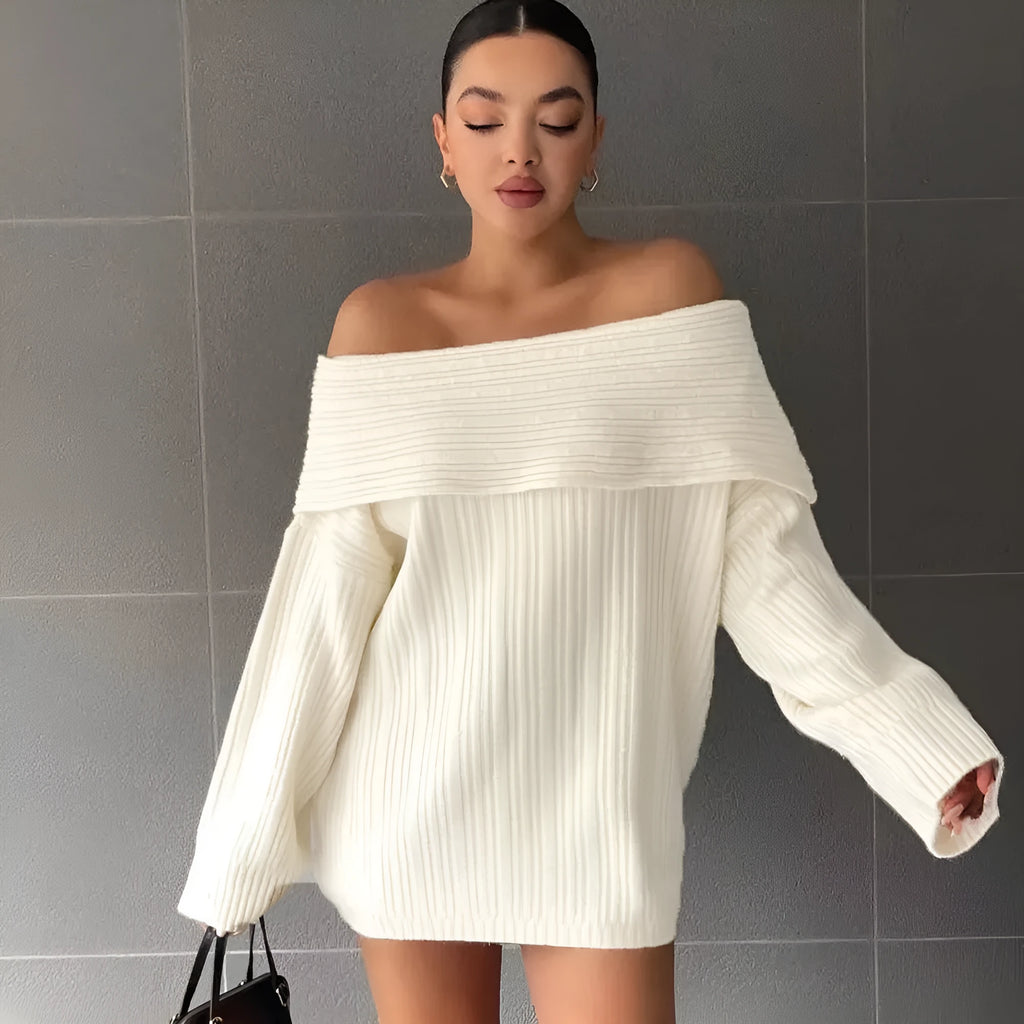 Women's loose fit acrylic off-neck sweater in four colour options showing front and back views