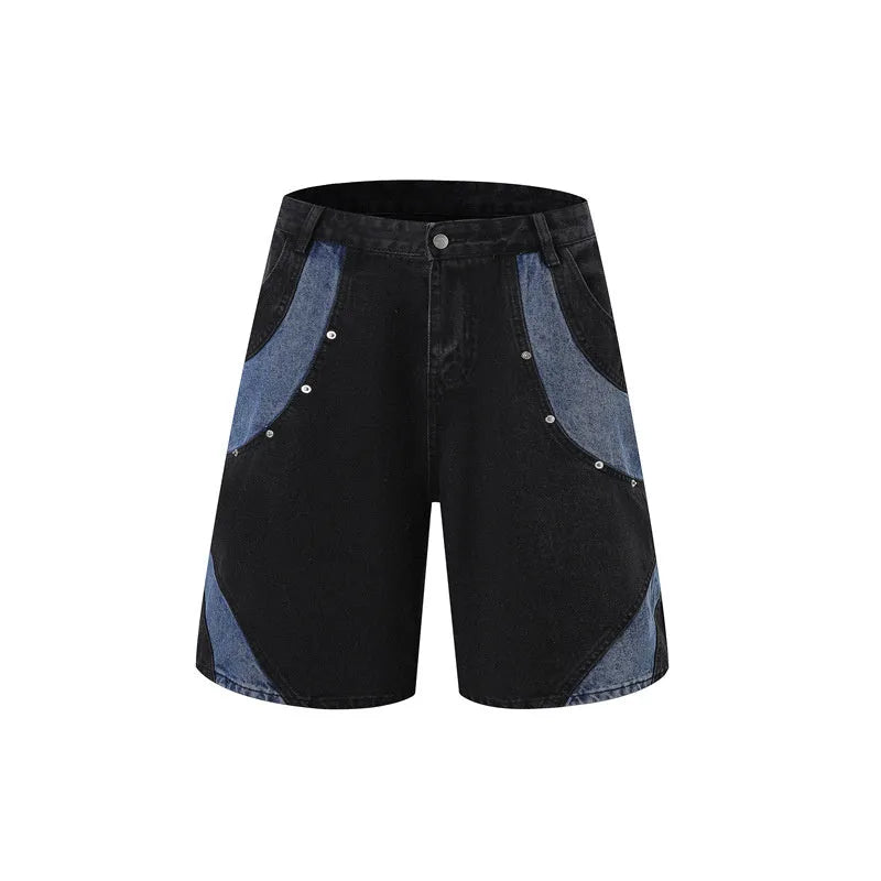 Retro washed denim short-sleeve suit jacket and matching trousers in blue, laid flat.