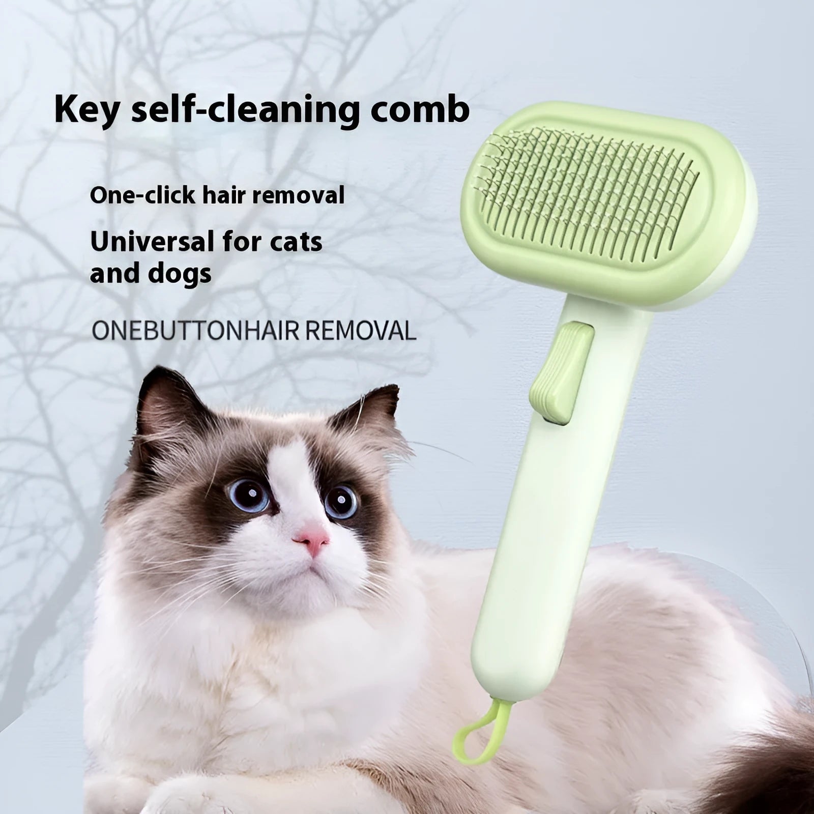 Large pet grooming comb in light grey with stainless steel blades and a one-click cleaning button