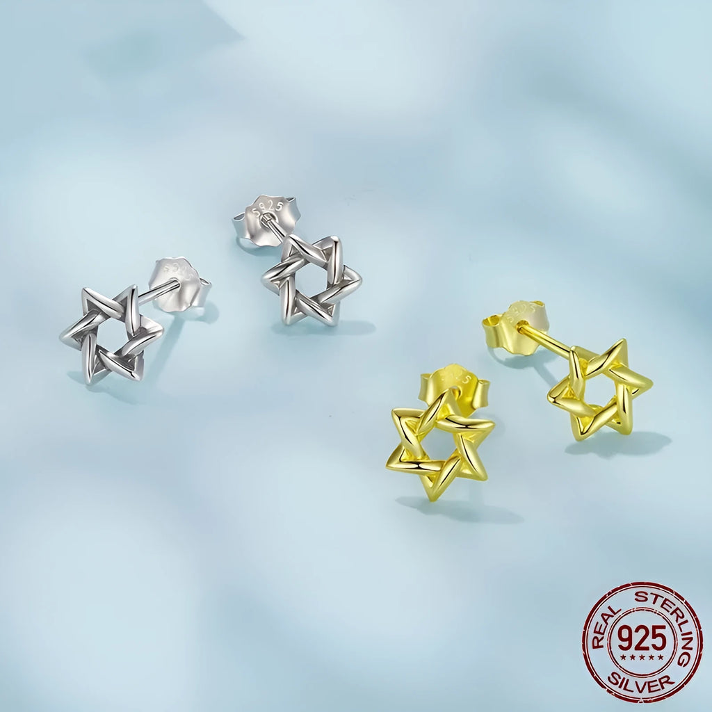 Pair of S925 sterling silver six-pointed star stud earrings on a flat surface, silver colour, 1 cm diameter