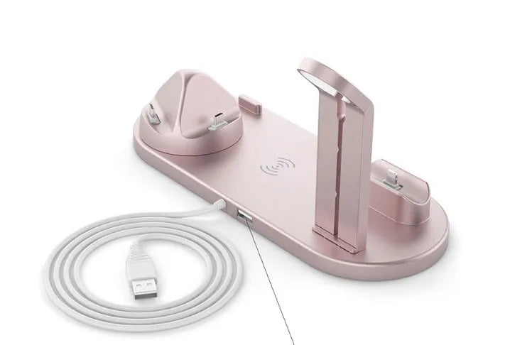 Desktop stand three-in-one wireless charger charging iPhone, Apple Watch, and AirPods, available in black, white, silver, and rose gold.