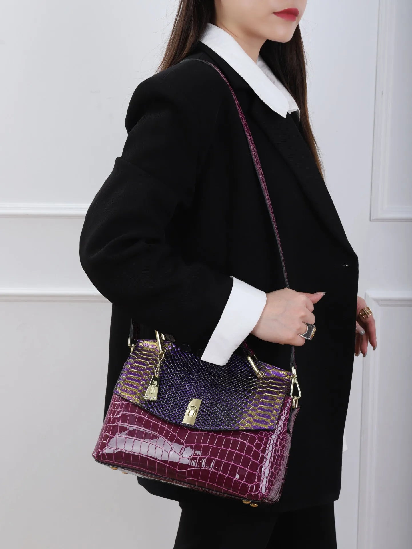 Women's retro handbag with colourful crocodile and snake pattern, double shoulder straps, and horizontal square shape