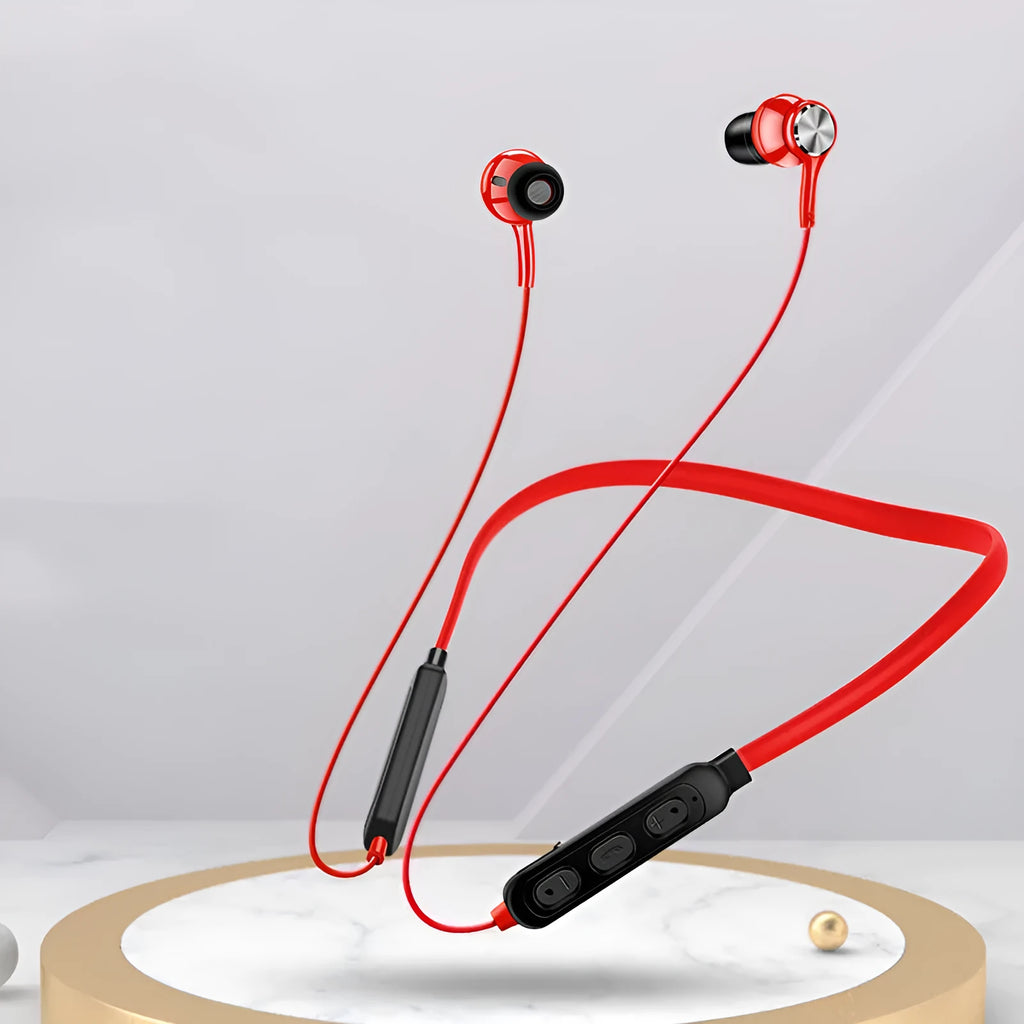G03 model red neckband sports Bluetooth earphones with earbuds and USB cable.