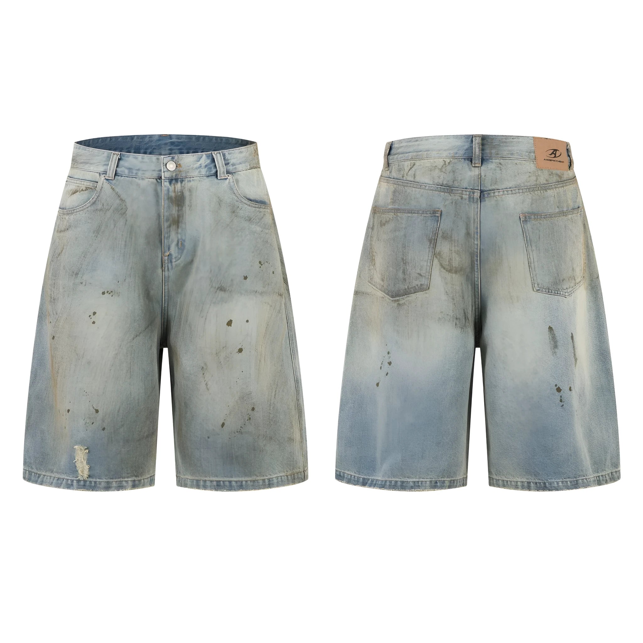 Washed blue cropped denim jeans with straight-leg cut and zip fly front