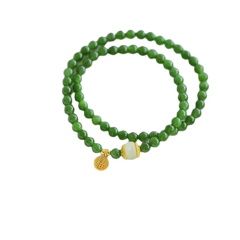Natural Hetian jade double circle women's bracelet with geometric fu character design, 6mm diameter
