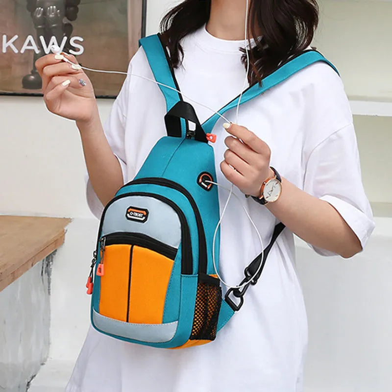 Women's multifunctional Oxford cloth backpack with USB design, medium size, vertical square shape, colour block finish