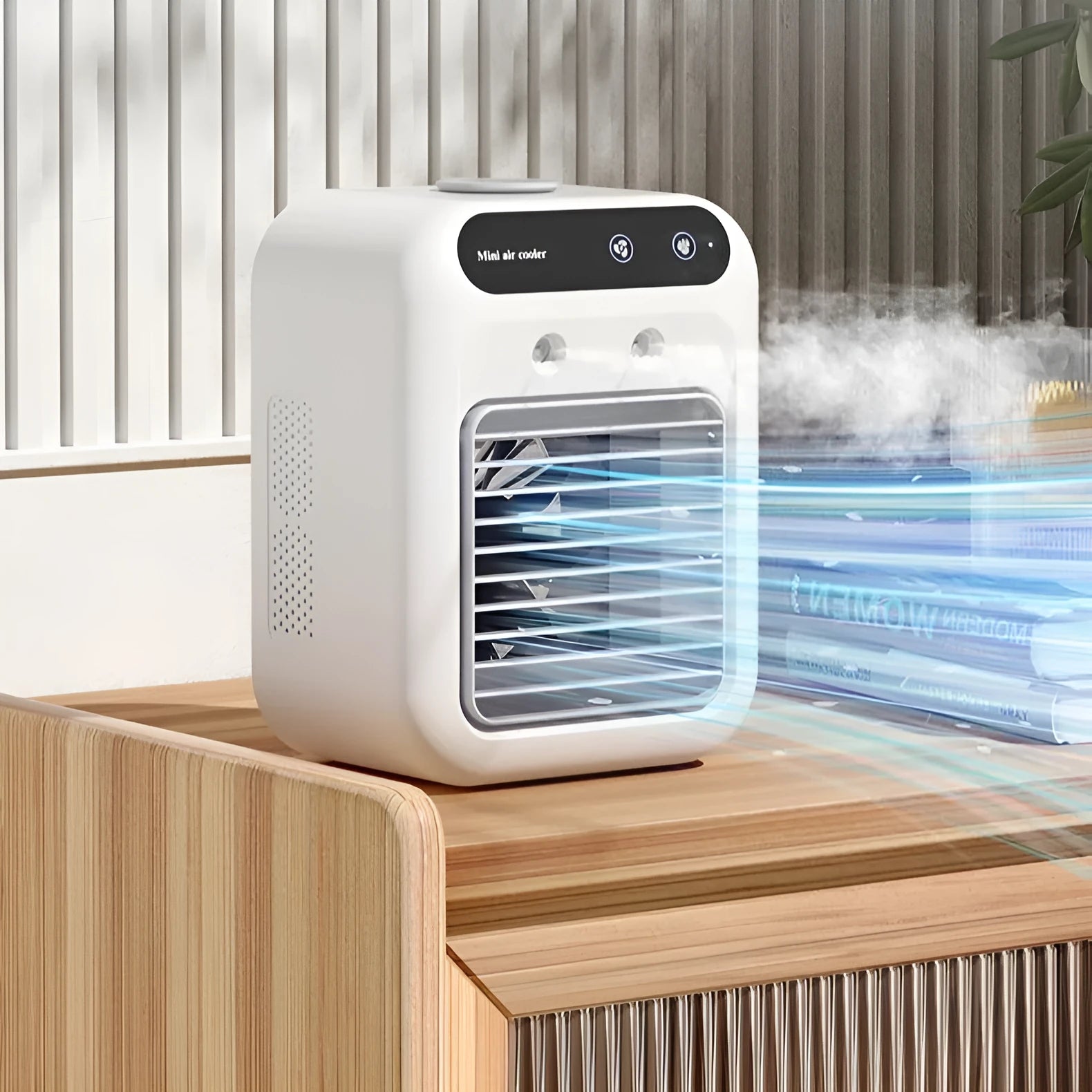 Ivory white portable USB air cooler fan with digital touchscreen display and water tank for room or car use
