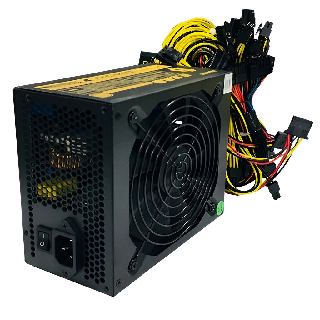 Black high-wattage computer server power supply unit with multiple cable connectors.