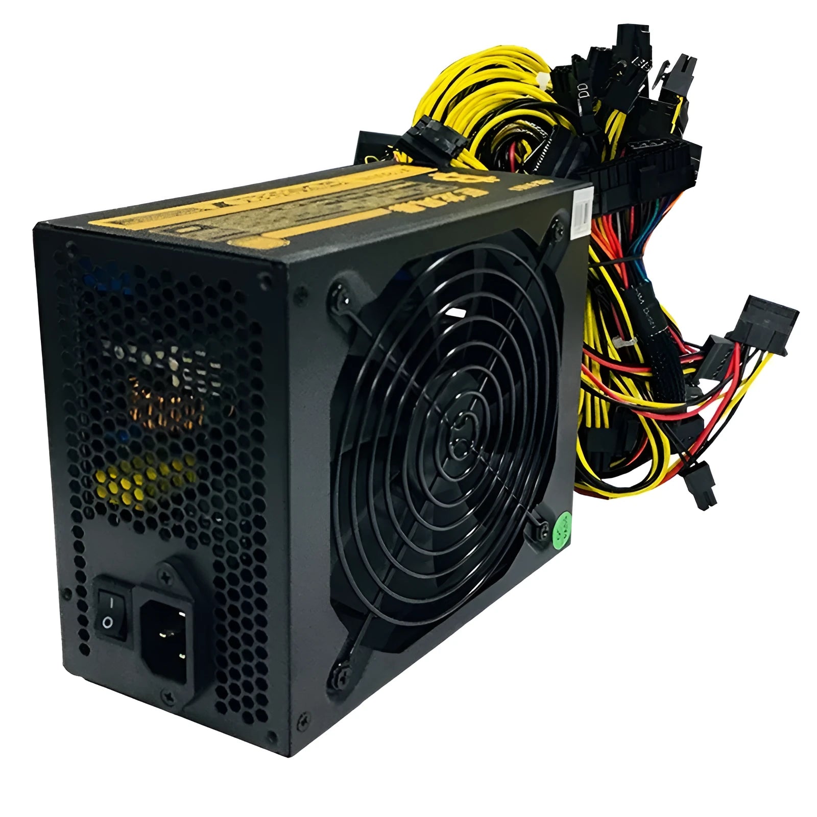 Black high-wattage computer server power supply unit with multiple cable connectors.