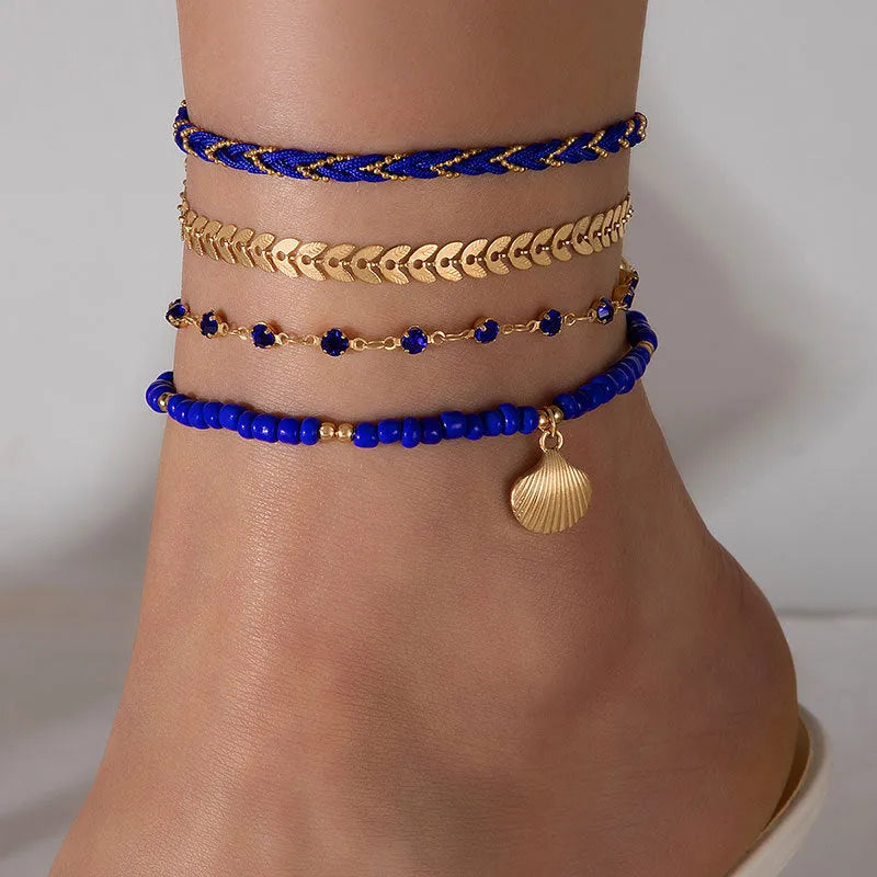 4pcs bohemian woven rope foot chain set with geometric alloy black beads and dropping oil in Style21255