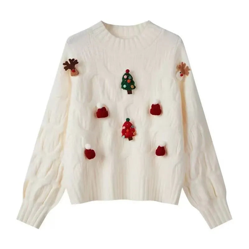 Western style loose slimming sweater top in white with long sleeves and pullover design