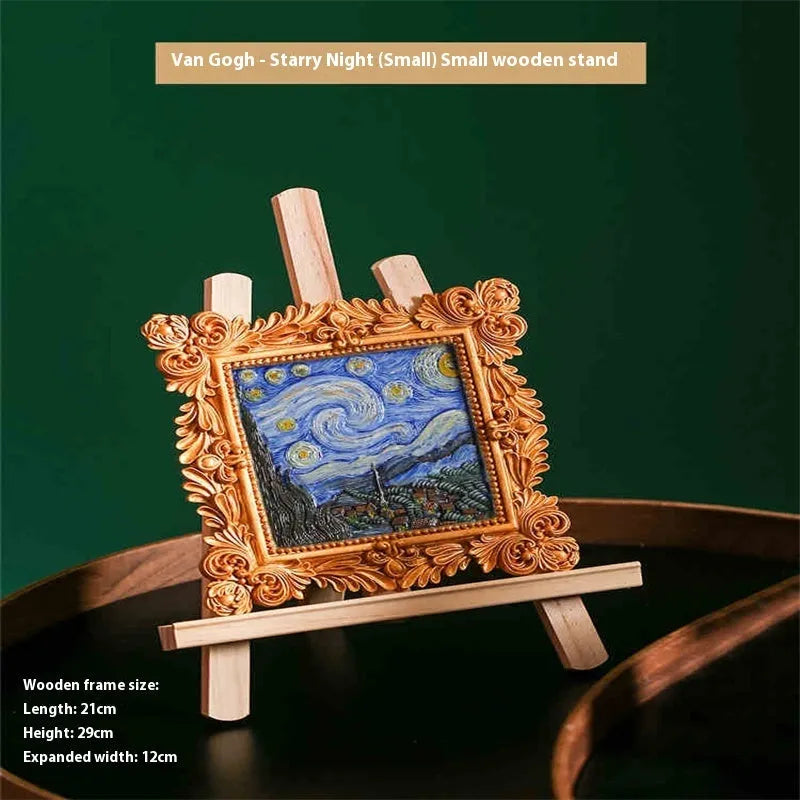 DIY hand drawn oil painting kit showing epoxy pottery base, propylene paints, brushes, and a completed framed Van Gogh 'Starry Night' example.