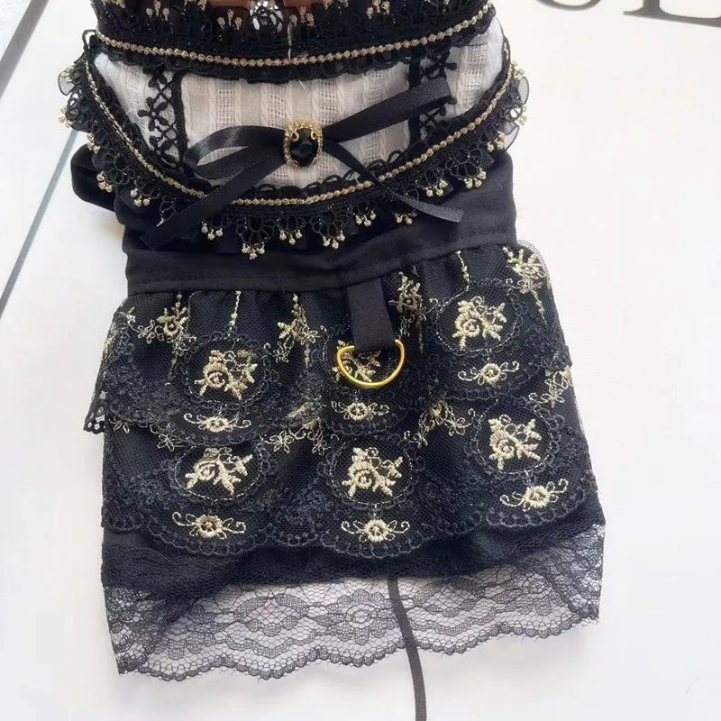 Golden gothic-style skirt outfit on a small dog, showing princess cut and sizing for pets.