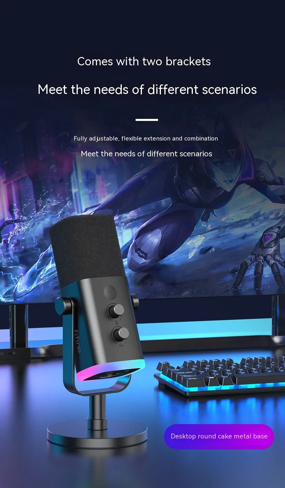 Dynamic noise reduction microphone in black, pink, or white colour with matching cable and base.
