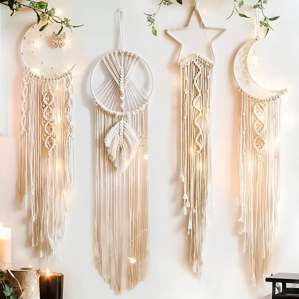 Handmade woven dreamcatcher hanging lamp with light, 90cm long cotton thread