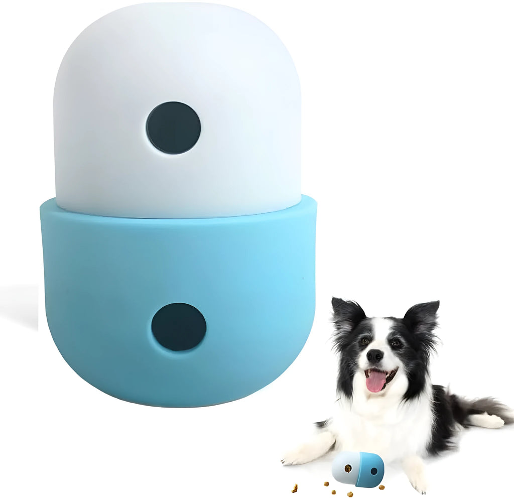 White and blue food-grade silicone dog treat puzzle ball for interactive chase play.