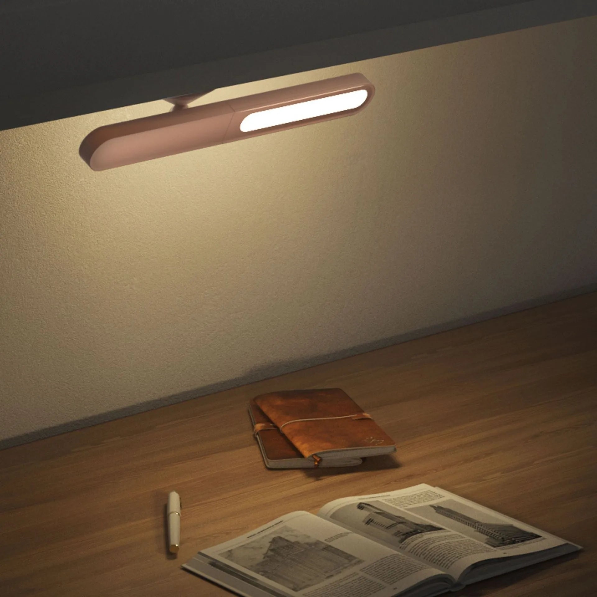 Geometric design desk lamp with magnetic base for wall mounting in white or khaki colour