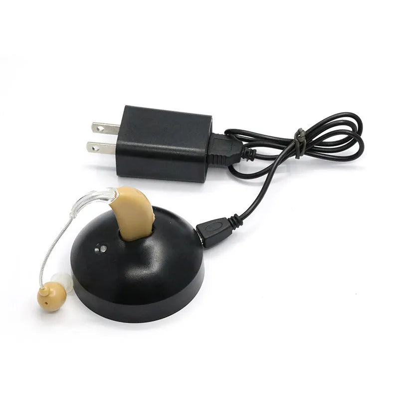 Black silicone rechargeable hearing aid amplifier with charging cable for elderly users