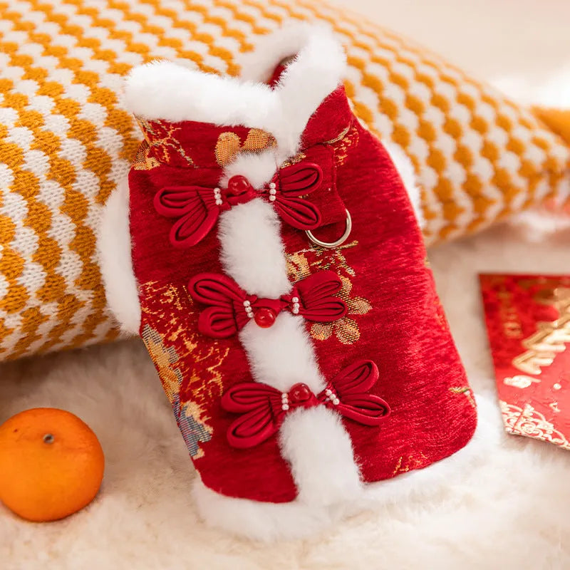 Red brocade pet vest with Chinese knot buttons and faux fur trim for Lunar New Year