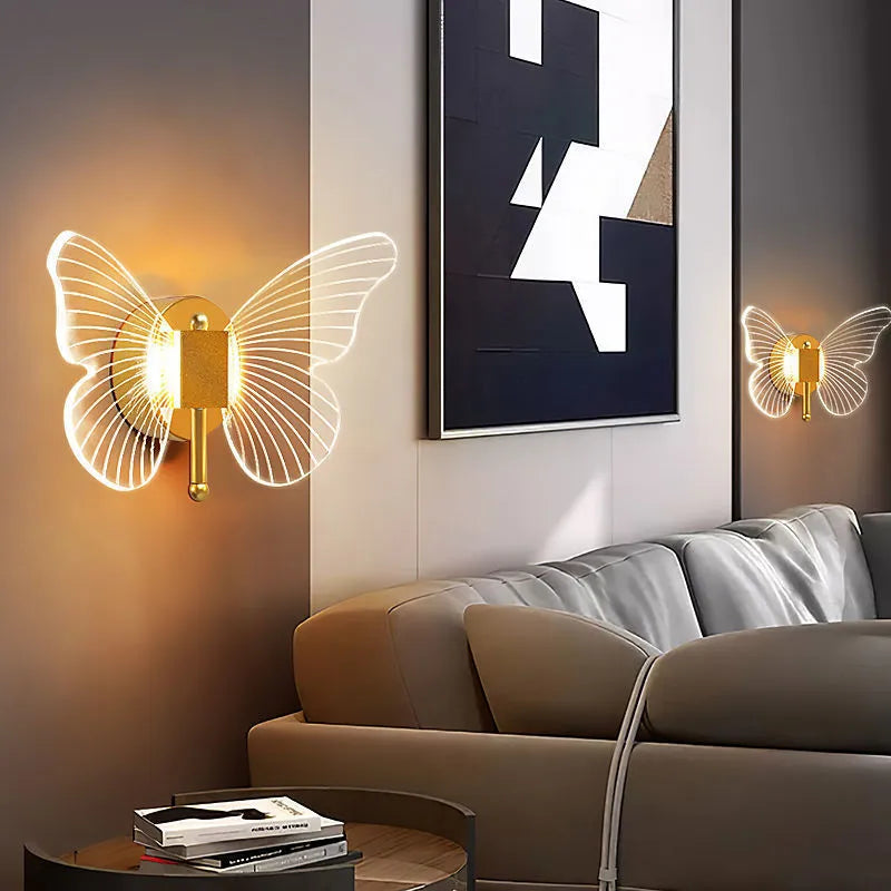 Gold butterfly acrylic wall lamp with three-colour dimming for warm bedside decoration