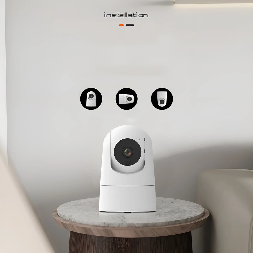 White indoor security camera with remote pan and tilt on a stand, showing 1080p HD and two-way audio features.