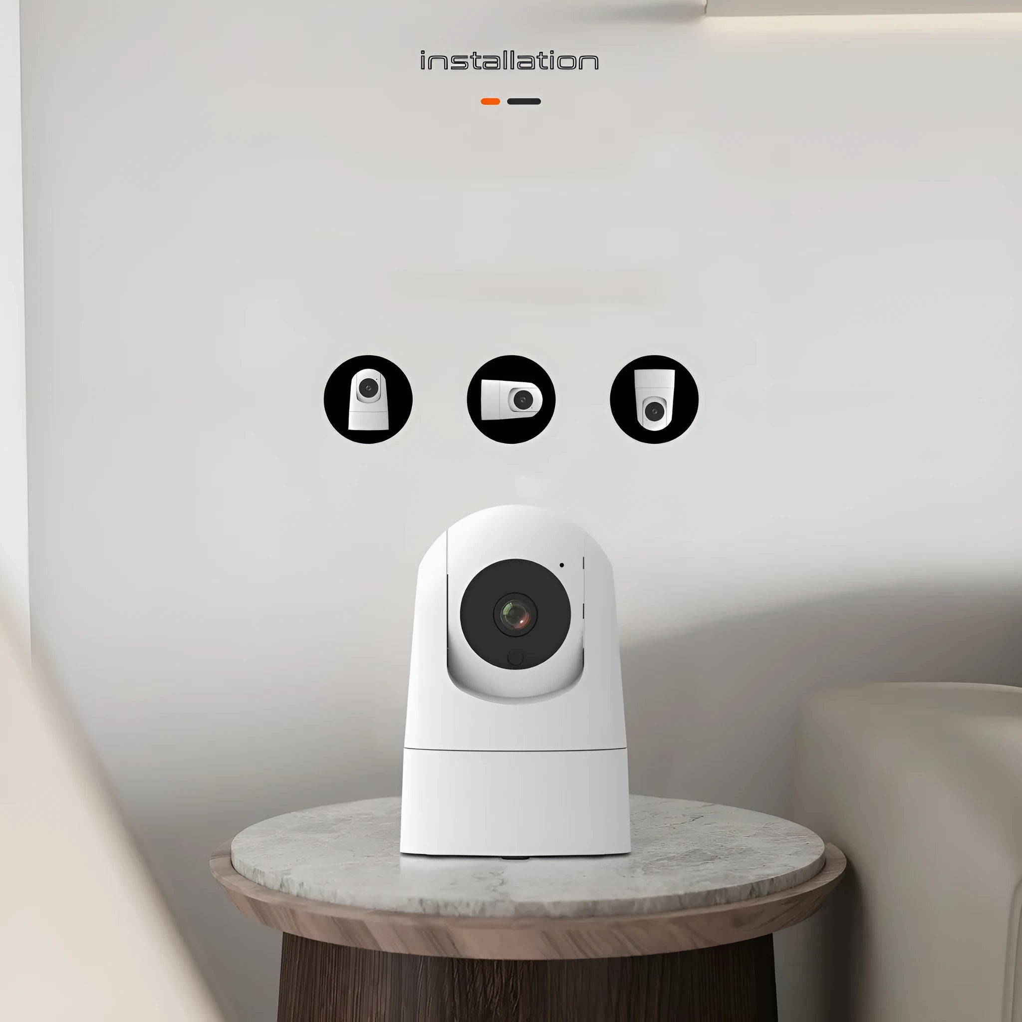 White indoor security camera with remote pan and tilt on a stand, showing 1080p HD and two-way audio features.
