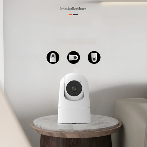 White indoor security camera with remote pan and tilt on a stand, showing 1080p HD and two-way audio features.