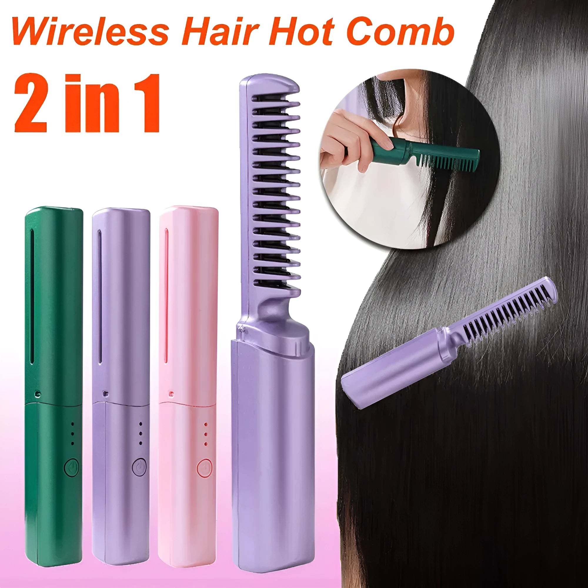 Cordless hair straightener brush with ceramic coating, available in purple, green, and pink, showing compact design