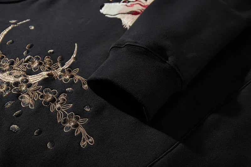 Men's black terry cloth hoodie with full width Chinese embroidery, front view, Asian sizing